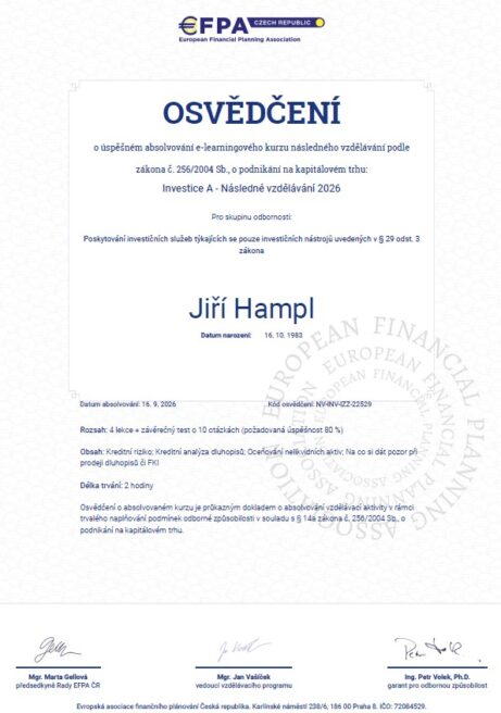 certifikát následného vzdělávání - investice 2026